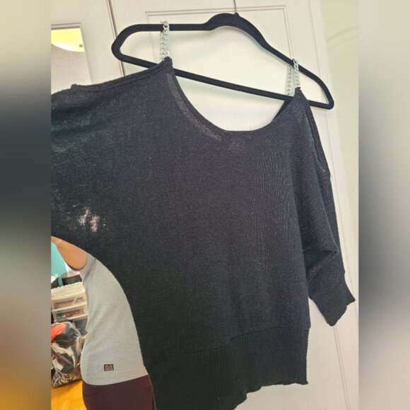 Festive Holiday Party Black Glitter Knit Cold Shoulder Silver Chain Strap Top - Picture 11 of 11